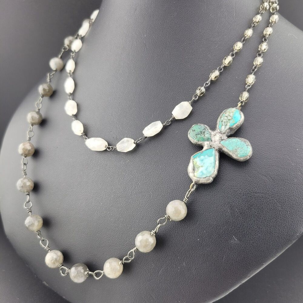 Cut Grey White Quartz Crystal Glass Bead Turquoise Cross 38" Statement Necklace